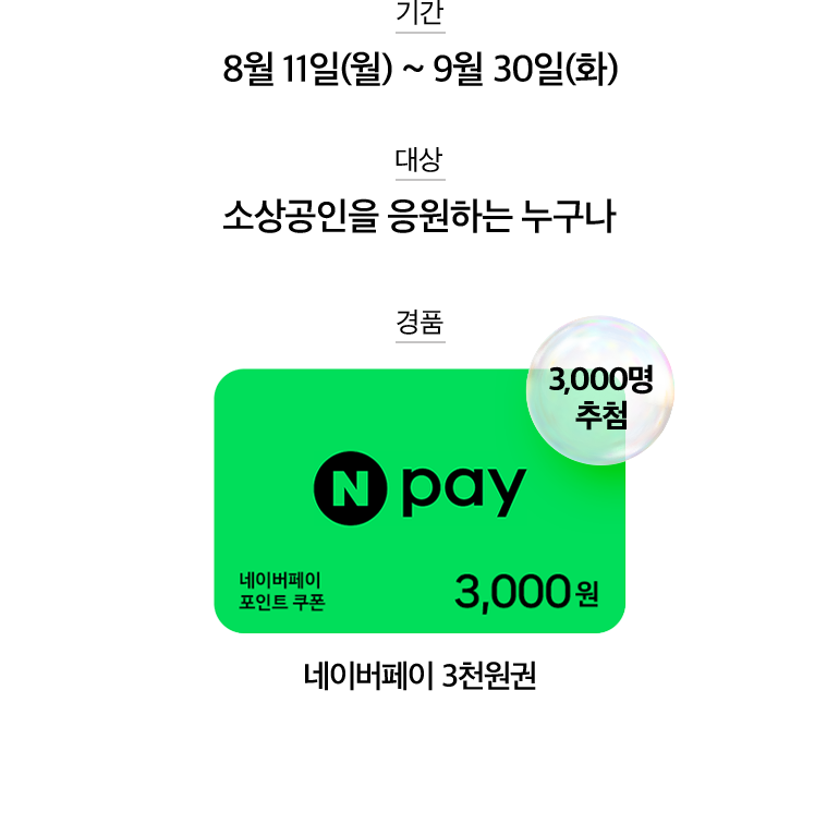 기간:8월 11일(월) ~ 9월 30일(화). 대상:소상공인을 응원하는 누구나. 경품:네이버페이 포인트 쿠폰 , 네이버페이 3천원권 3,000명 추첨.