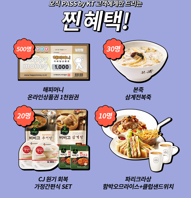 오직 PASS by KT 고객에게만 드리는 찐 혜택! 해피머니 온라인상품권 1천원권(500명), 본죽 삼계전복죽(30명), CJ 원기 회복 가정간편식 SET(20명), 파리크라상 함박오므라이스+클럽샌드위치(10명)
