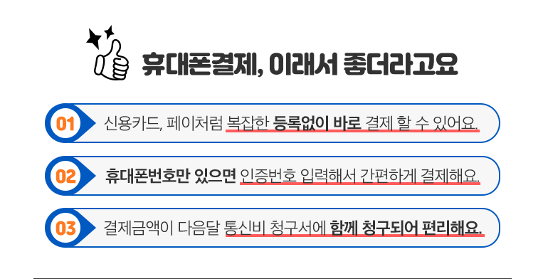 휴대폰결제, 이래서 좋더라고요. 01 신용카드, 페이처럼 복잡한 등록없이 바로 결제 할 수 있어요. 02 휴대폰번호만 있으면 인증번호 입력해서 간편하게 결제해요. 03 결제금액이 다음달 통신비 청구서에 함께 청구되어 편리해요.